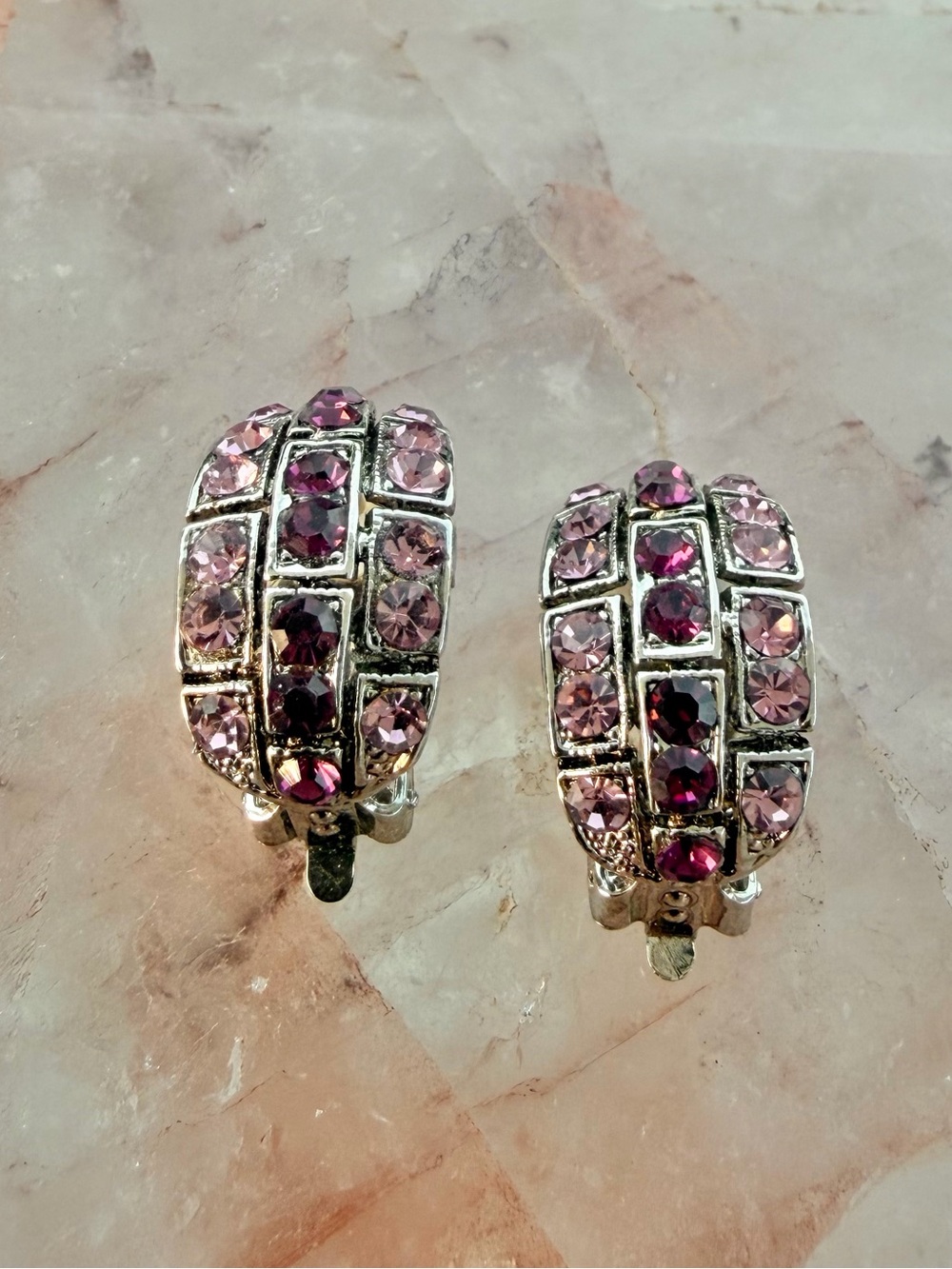 Lattice Frame Pink and Purple Rhinestone Silver Tone Bling Clip-On Earrings - Picture 3 of 7